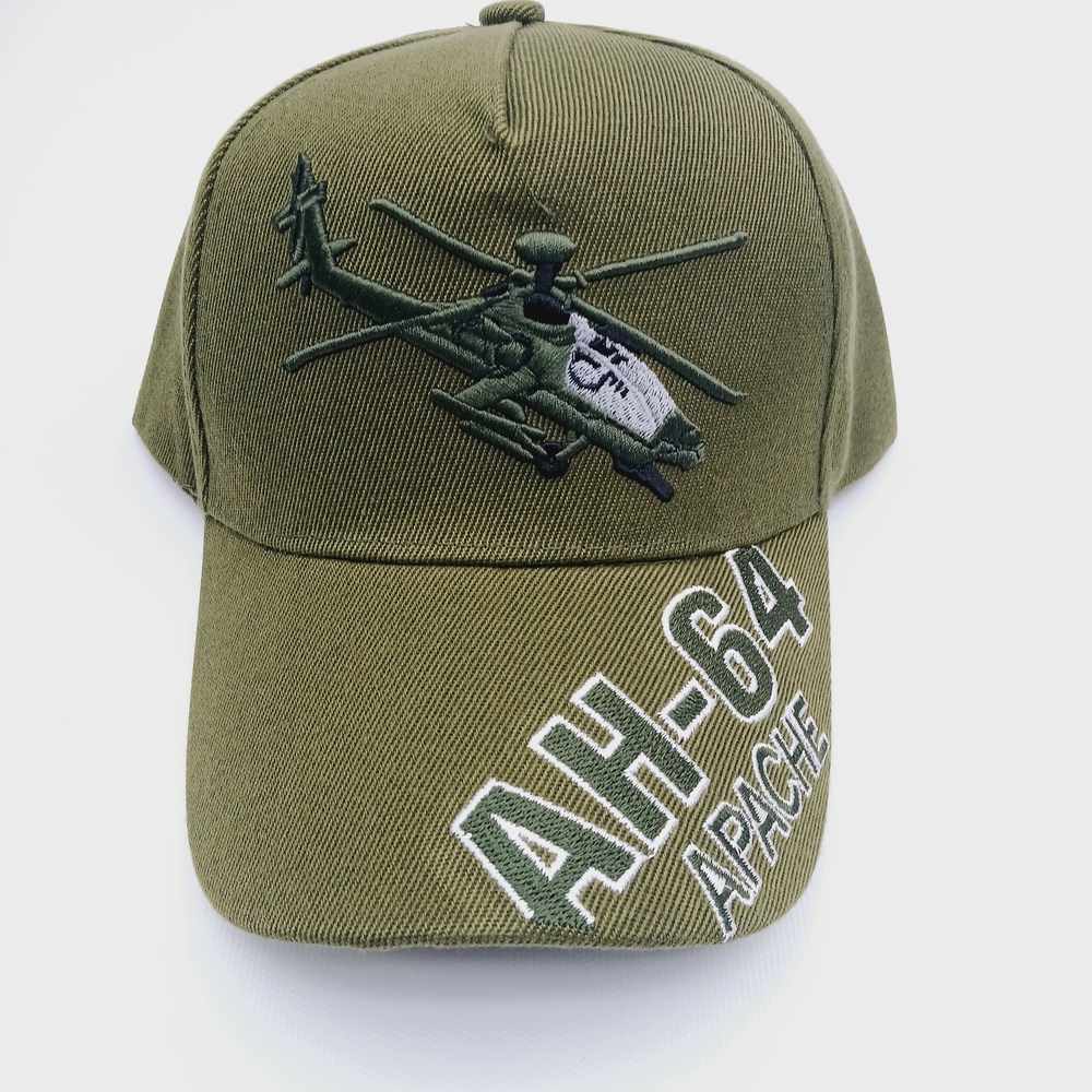Green Military-Style Hat with Embroidered Apache AH-64 Helicopter